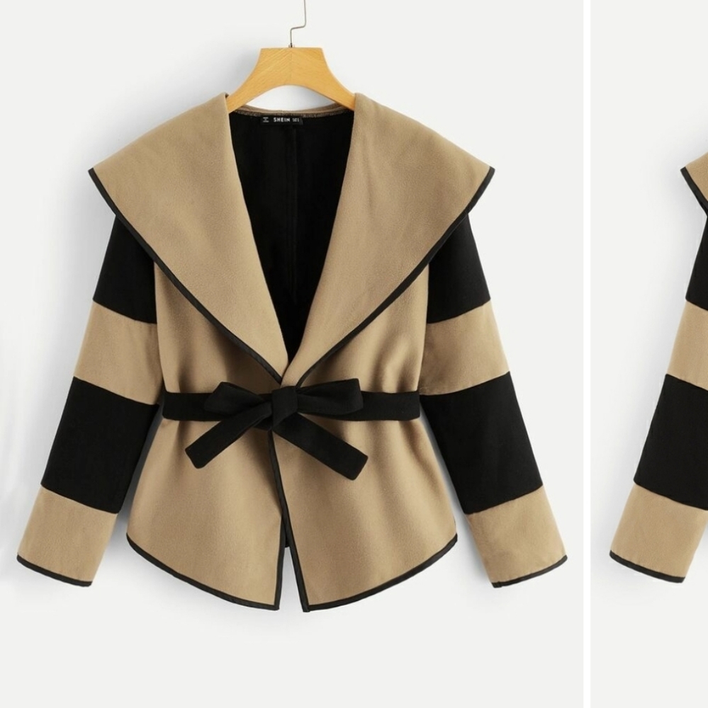 Waterfall Collar Two Tone Self Belted Coat